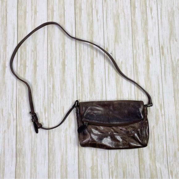 Frye Melissa Foldover Dark Brown Distressed Leather Crossbody Bag - Picture 4 of 10